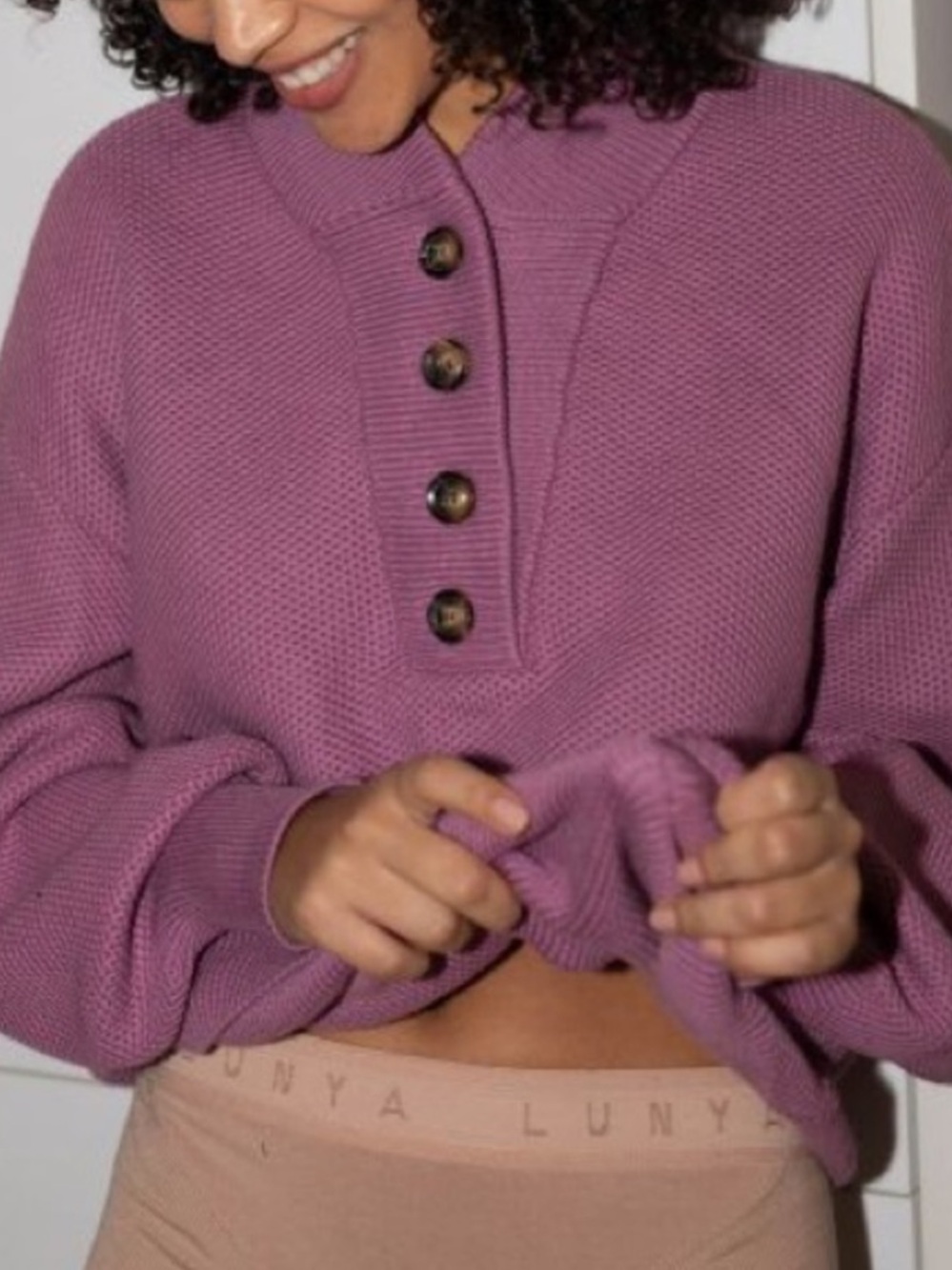 Lunya Cozy Cotton Silk Waffle Henley Sweater Size Large XL Purple Knit